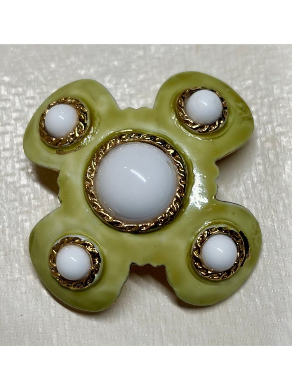 Hobe Gold-Plated Green Enamel Brooch With White Cabochons 2" Vintage Jewelry